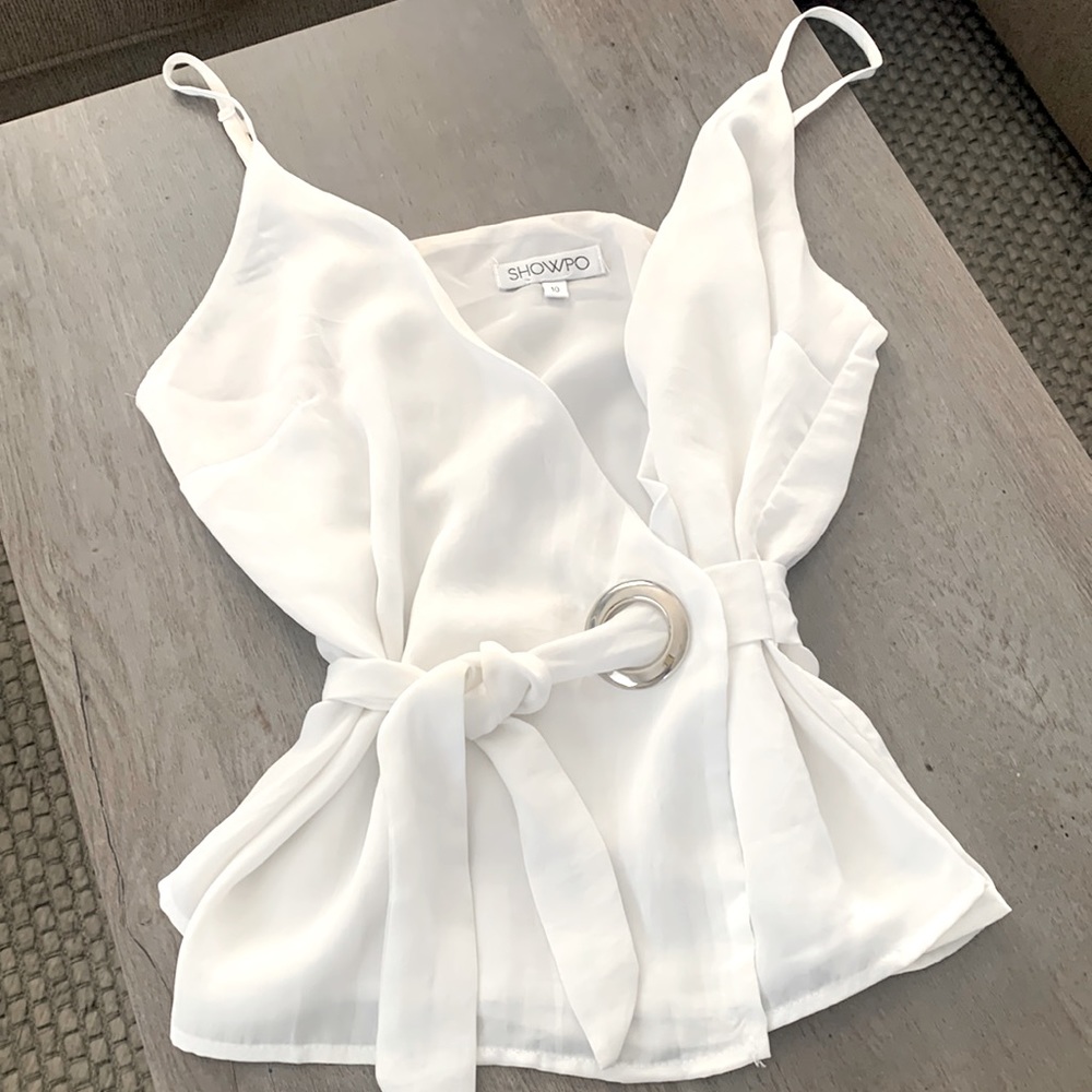 Spaghetti Strap Cream Wrap Blouse with Silver Grommets.